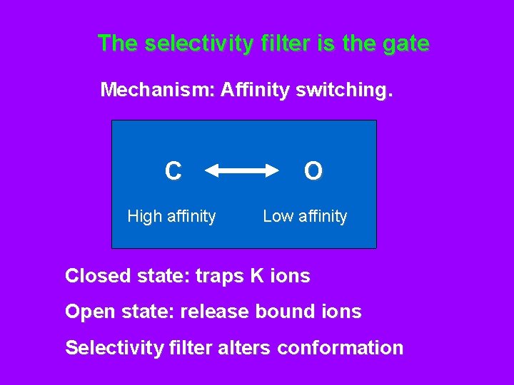 The selectivity filter is the gate Mechanism: Affinity switching. C High affinity O Low