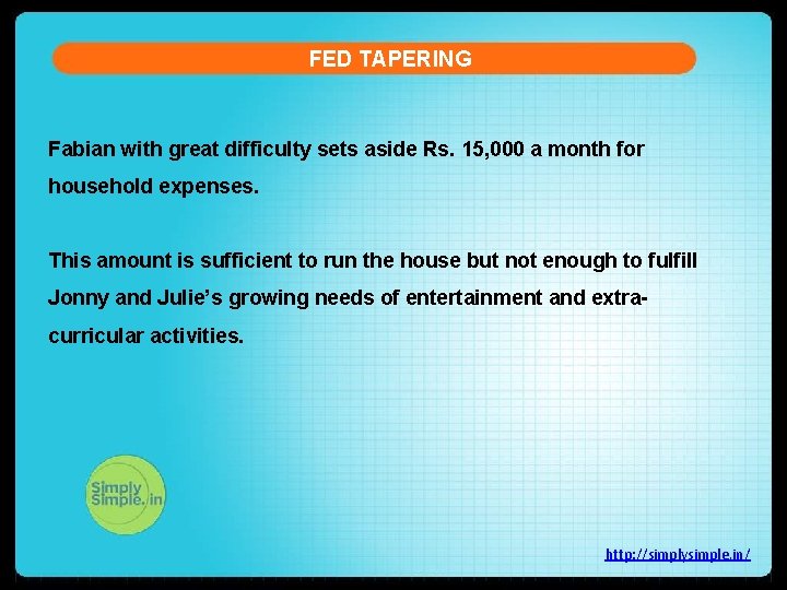 FED TAPERING Fabian with great difficulty sets aside Rs. 15, 000 a month for