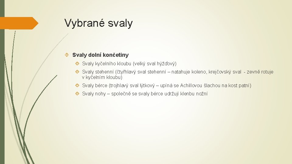 Vybrané svaly Svaly dolní končetiny Svaly kyčelního kloubu (velký sval hýžďový) Svaly stehenní (čtyřhlavý