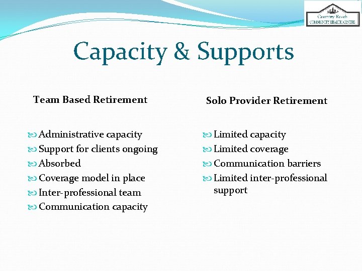 Capacity & Supports Team Based Retirement Solo Provider Retirement Administrative capacity Support for clients