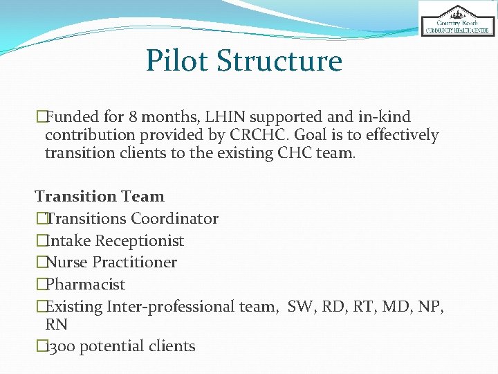 Pilot Structure �Funded for 8 months, LHIN supported and in-kind contribution provided by CRCHC.