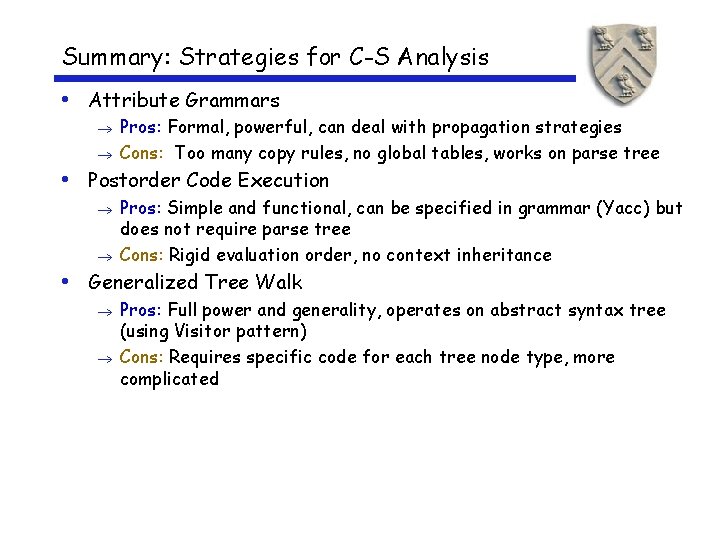 Summary: Strategies for C-S Analysis • Attribute Grammars Pros: Formal, powerful, can deal with