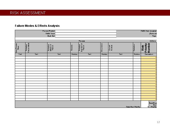 RISK ASSESSMENT Failure Modes & Effects Analysis Process/Product: FMEA Team: Black Belt: FMEA Date: