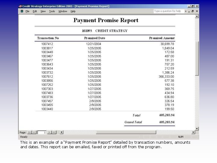 This is an example of a “Payment Promise Report” detailed by transaction numbers, amounts