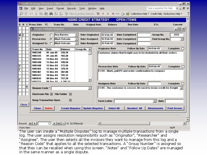 The user can create a “Multiple Disputes” log to manage multiple transactions from a