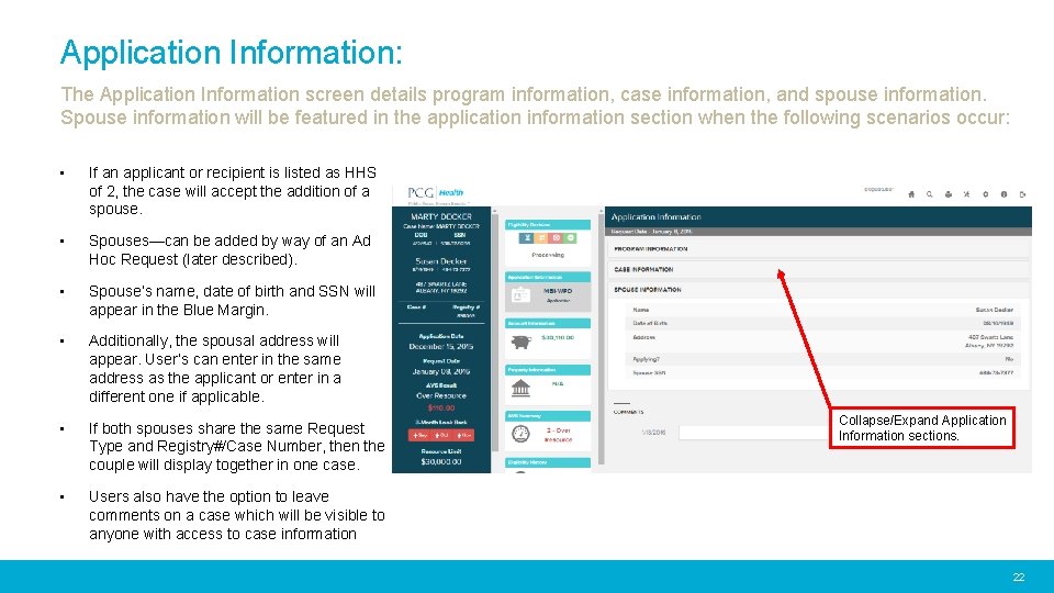 Application Information: The Application Information screen details program information, case information, and spouse information.