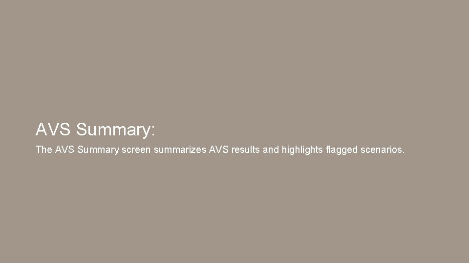 AVS Summary: The AVS Summary screen summarizes AVS results and highlights flagged scenarios. 
