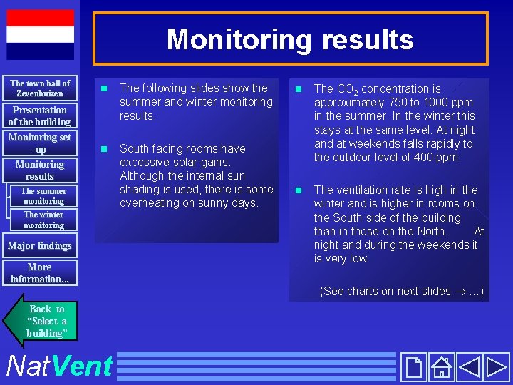 Monitoring results The town hall of Zevenhuizen n The following slides show the summer