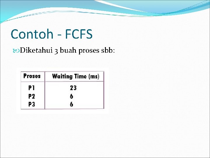 Contoh - FCFS Diketahui 3 buah proses sbb: 