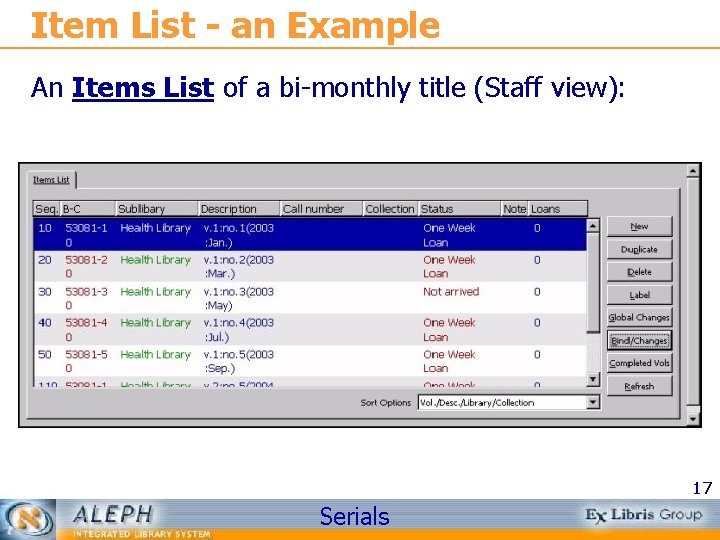 Item List - an Example An Items List of a bi-monthly title (Staff view):