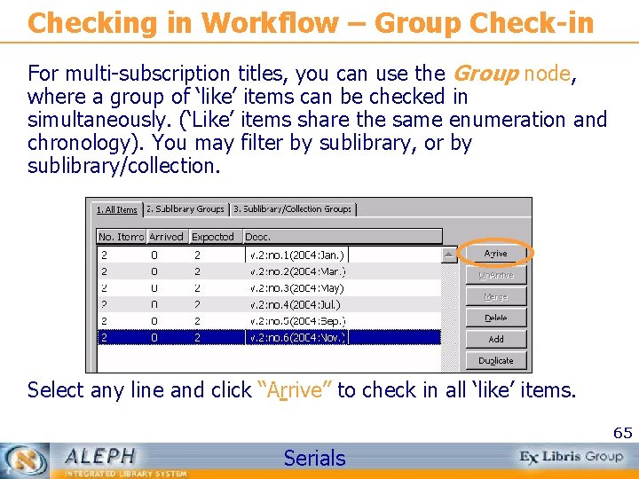 Checking in Workflow – Group Check-in For multi-subscription titles, you can use the Group