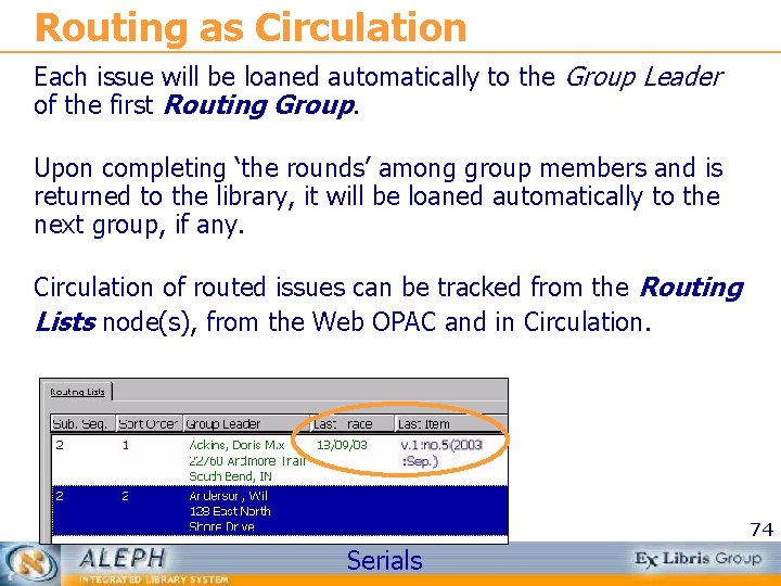 Routing as Circulation Each issue will be loaned automatically to the Group Leader of