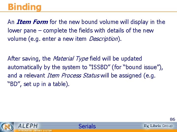 Binding An Item Form for the new bound volume will display in the lower