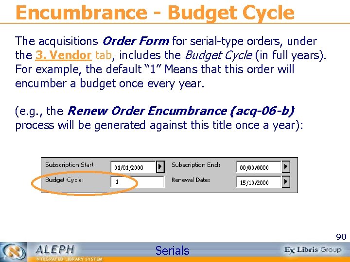 Encumbrance - Budget Cycle The acquisitions Order Form for serial-type orders, under the 3.