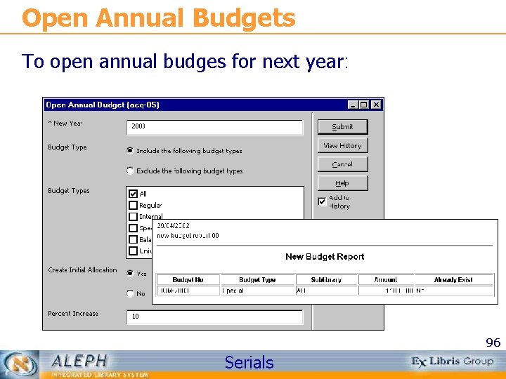 Open Annual Budgets To open annual budges for next year: 96 Serials 