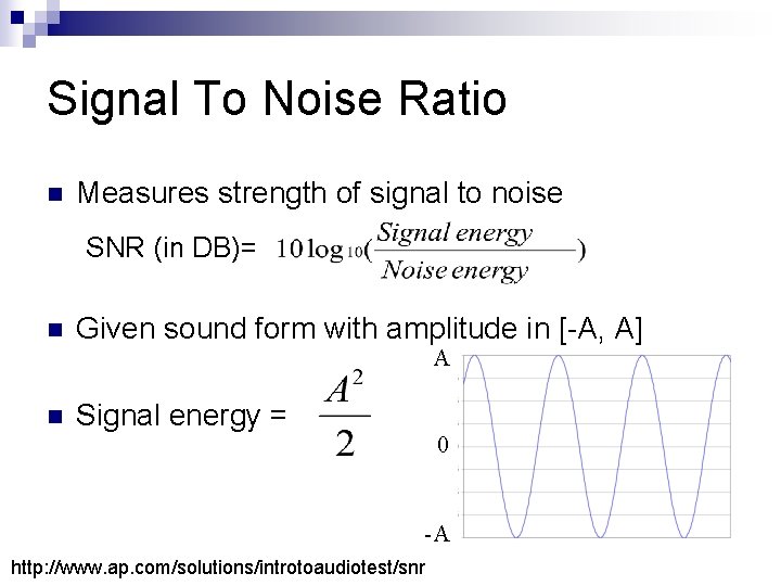 Signal To Noise Ratio n Measures strength of signal to noise SNR (in DB)=