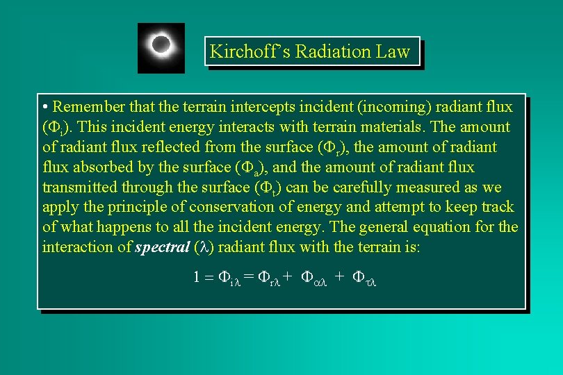 Kirchoff’s Radiation Law • Remember that the terrain intercepts incident (incoming) radiant flux (