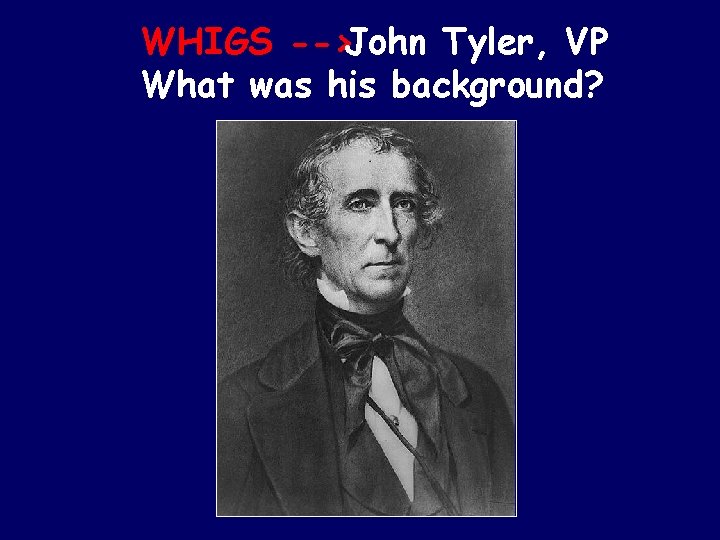 WHIGS -->John Tyler, VP What was his background? 