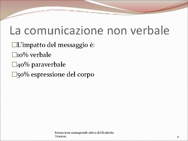 La comunicazione non verbale �L’impatto del messaggio è: � 10% verbale � 40% paraverbale