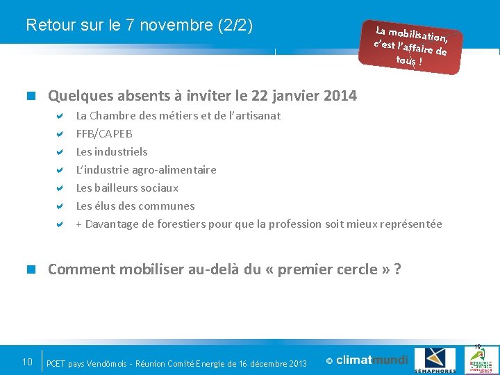 Retour sur le 7 novembre (2/2) Quelques absents à inviter le 22 janvier 2014