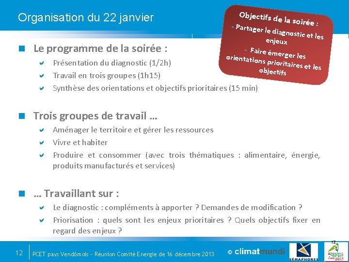 Organisation du 22 janvier Le programme de la soirée : Objectifs d - Partager