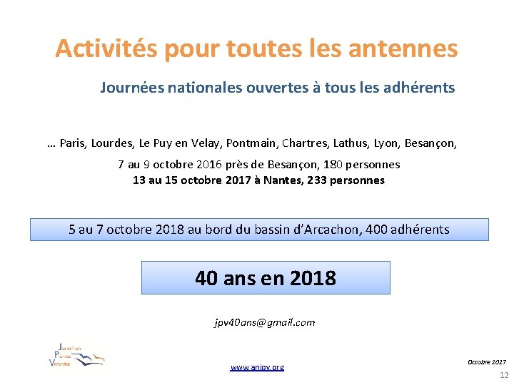Activités pour toutes les antennes Journées nationales ouvertes à tous les adhérents … Paris,