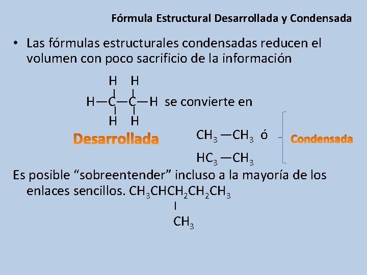 Fórmula Estructural Desarrollada y Condensada • Las fórmulas estructurales condensadas reducen el volumen con