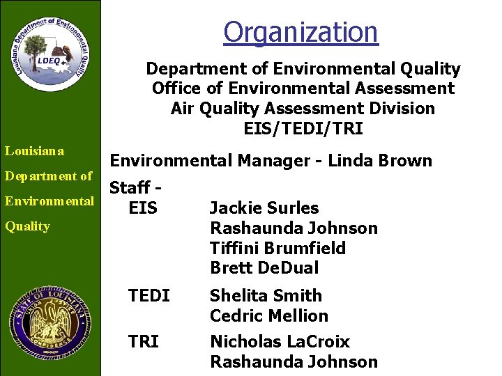 Organization Department of Environmental Quality Office of Environmental Assessment Air Quality Assessment Division EIS/TEDI/TRI