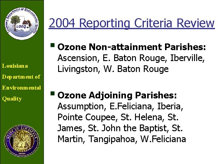 2004 Reporting Criteria Review § Ozone Non-attainment Parishes: Louisiana Department of Environmental Quality Ascension,