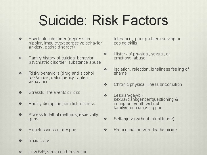 Suicide: Risk Factors v Psychiatric disorder (depression, bipolar, impulsive/aggressive behavior, anxiety, eating disorder) v