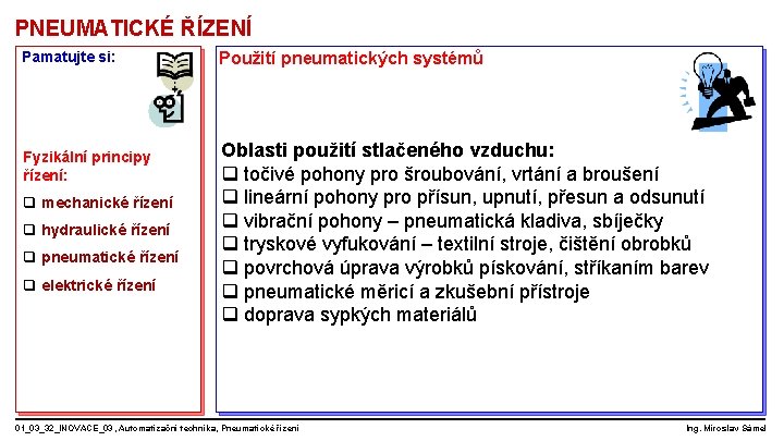 PNEUMATICKÉ ŘÍZENÍ Pamatujte si: Fyzikální principy řízení: q mechanické řízení q hydraulické řízení q