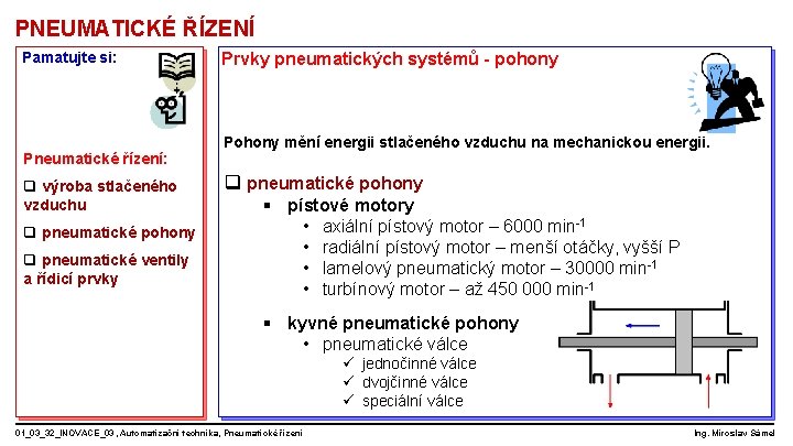 PNEUMATICKÉ ŘÍZENÍ Pamatujte si: Pneumatické řízení: q výroba stlačeného vzduchu q pneumatické pohony q