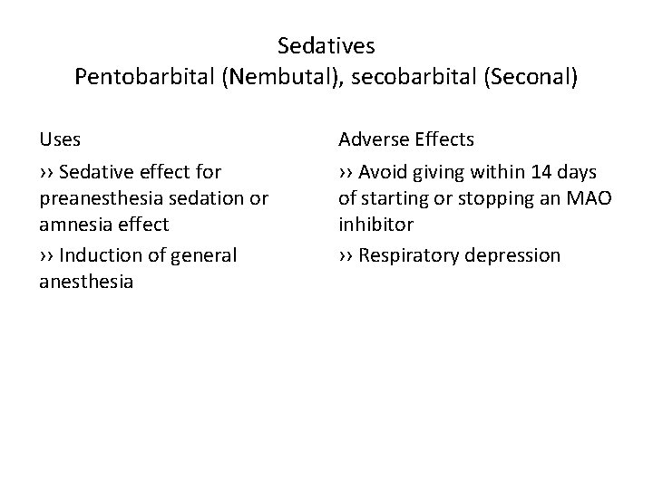 Sedatives Pentobarbital (Nembutal), secobarbital (Seconal) Uses Adverse Effects ›› Sedative effect for preanesthesia sedation