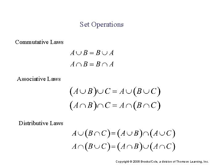 Set Operations Commutative Laws Associative Laws Distributive Laws Copyright © 2006 Brooks/Cole, a division