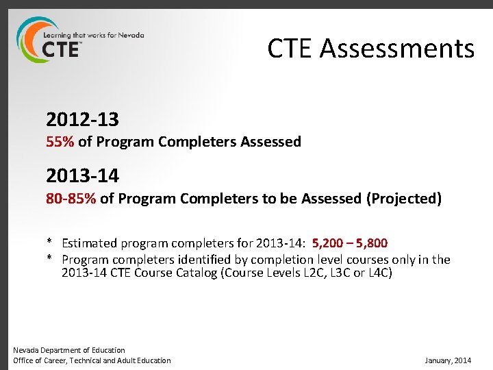 CTE Assessments 2012 -13 55% of Program Completers Assessed 2013 -14 80 -85% of