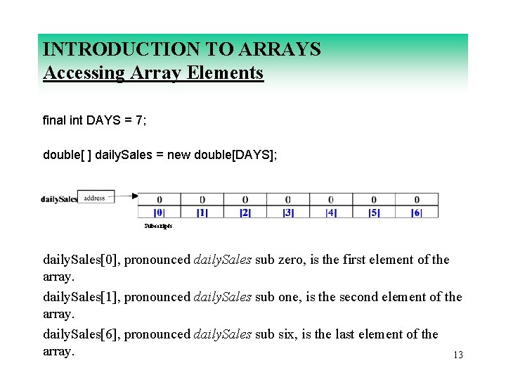 INTRODUCTION TO ARRAYS Accessing Array Elements final int DAYS = 7; double[ ] daily.