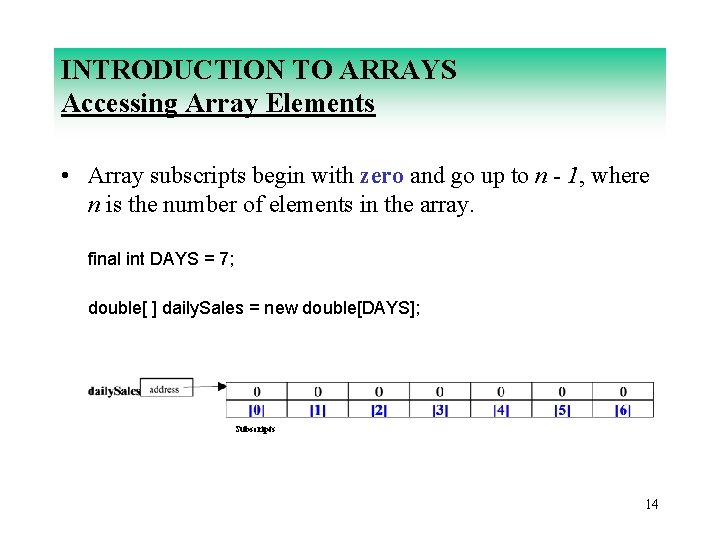INTRODUCTION TO ARRAYS Accessing Array Elements • Array subscripts begin with zero and go