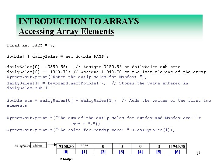 INTRODUCTION TO ARRAYS Accessing Array Elements final int DAYS = 7; double[ ] daily.