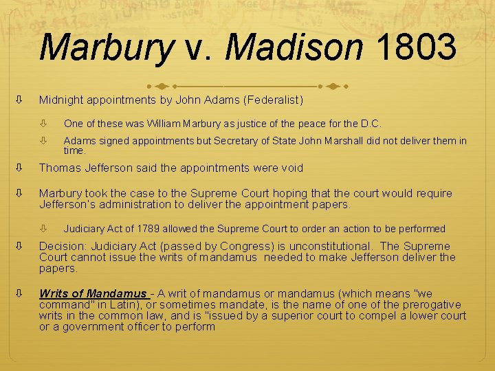 Marbury v. Madison 1803 Midnight appointments by John Adams (Federalist) One of these was