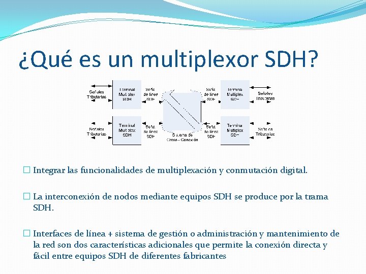 ¿Qué es un multiplexor SDH? � Integrar las funcionalidades de multiplexación y conmutación digital.