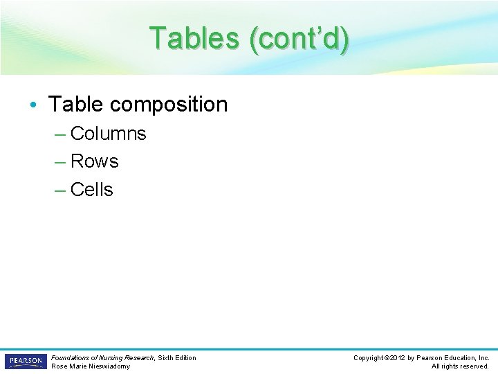 Tables (cont’d) • Table composition – Columns – Rows – Cells Foundations of Nursing