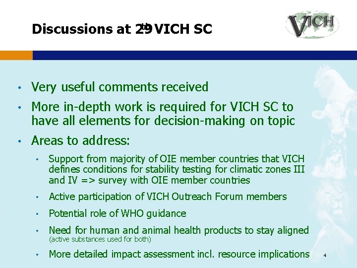 th VICH SC Discussions at 29 • Very useful comments received • More in-depth