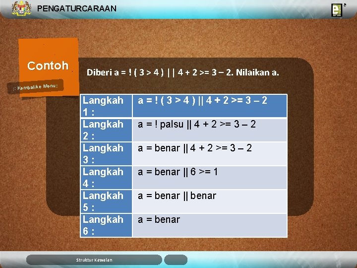 PENGATURCARAAN Contoh Diberi a = ! ( 3 > 4 ) || 4 +