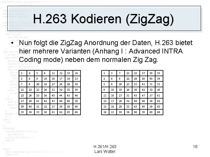 H. 263 Kodieren (Zig. Zag) • Nun folgt die Zig. Zag Anordnung der Daten,
