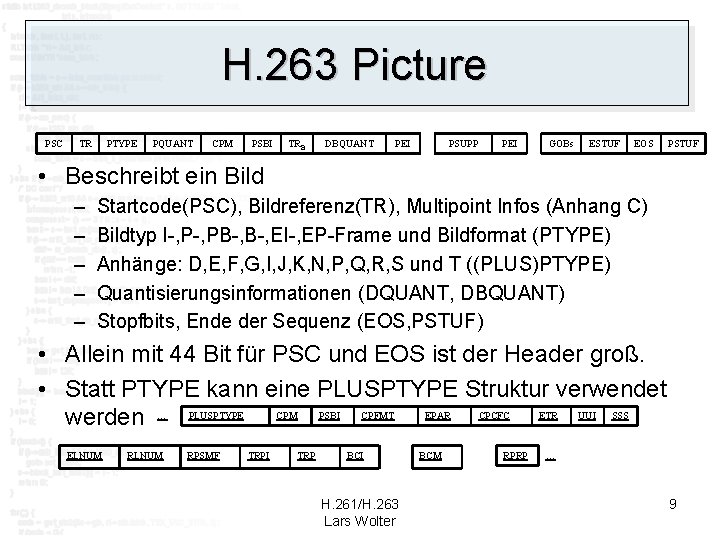 H. 263 Picture PSC TR PTYPE PQUANT CPM PSBI TRB DBQUANT PEI PSUPP PEI