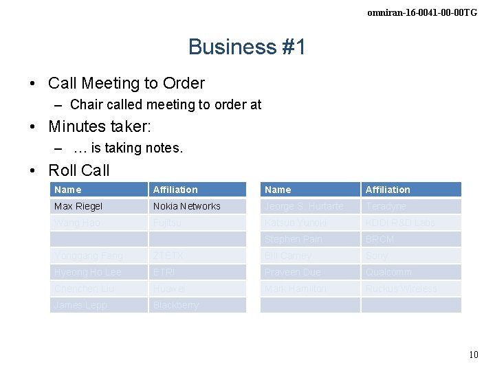 omniran-16 -0041 -00 -00 TG Business #1 • Call Meeting to Order – Chair