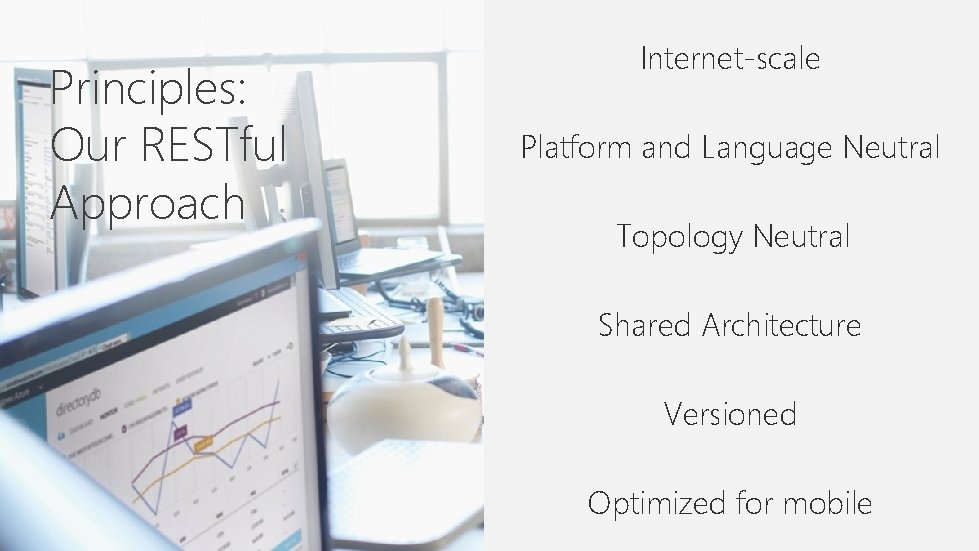 Principles: Our RESTful Approach Internet-scale Platform and Language Neutral Topology Neutral Shared Architecture Versioned