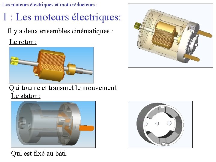 Les moteurs électriques et moto réducteurs : 1 : Les moteurs électriques: Il y