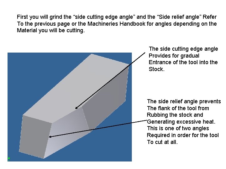 First you will grind the “side cutting edge angle” and the “Side relief angle”