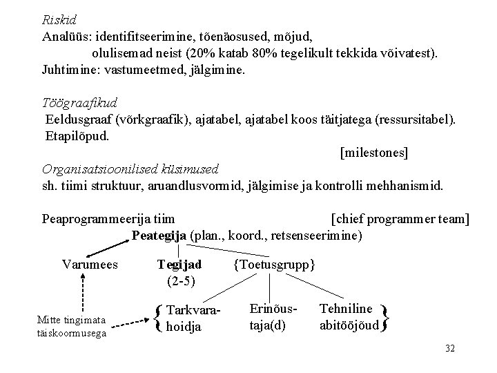 Riskid Analüüs: identifitseerimine, tõenäosused, mõjud, olulisemad neist (20% katab 80% tegelikult tekkida võivatest). Juhtimine: